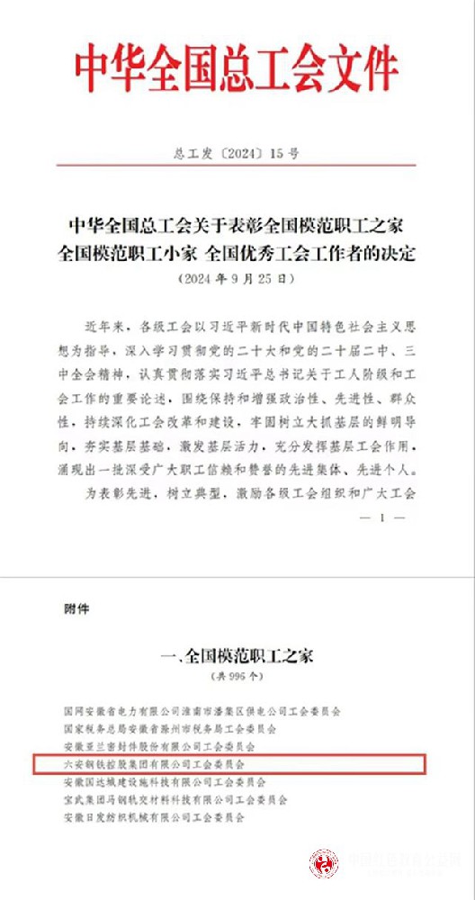 “全国表彰 | 六钢集团工会荣获“全国模范职工之家”称号”